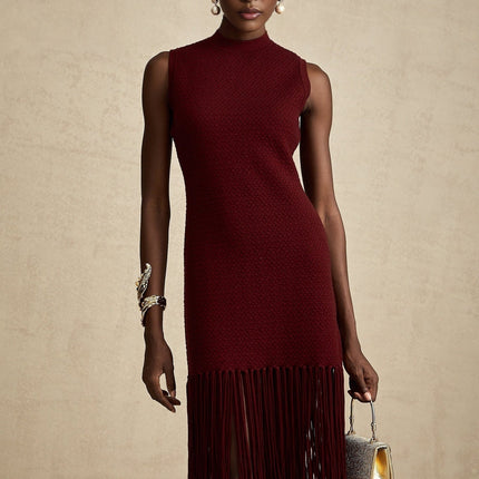 Octavia Red Knitted Midi Dress with Fringed Edge Detail