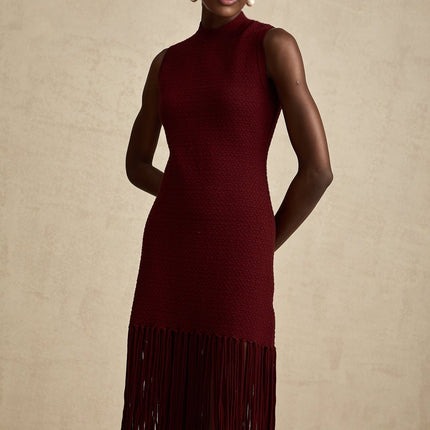 Octavia Red Knitted Midi Dress with Fringed Edge Detail