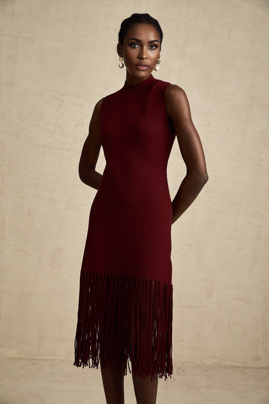Octavia Red Knitted Midi Dress with Fringed Edge Detail