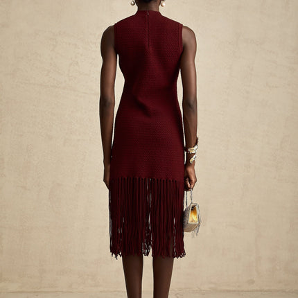 Octavia Red Knitted Midi Dress with Fringed Edge and Rear Zip Fastening