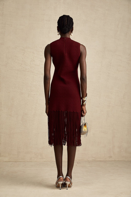 Octavia Red Knitted Midi Dress with Fringed Edge and Rear Zip Fastening