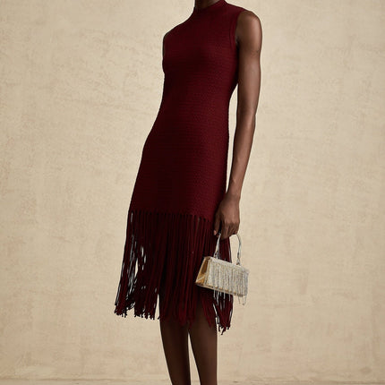 Octavia Red Knitted Midi Dress with Fringed Edge Detail and Rear Zip Fastening