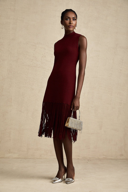 Octavia Red Knitted Midi Dress with Fringed Edge Detail and Rear Zip Fastening