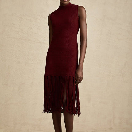Octavia Red Knitted Midi Dress with Fringed Edge Detail