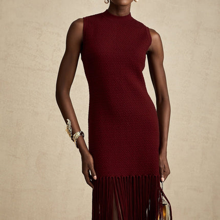 Octavia Red Knitted Midi Dress with Fringed Edge Detail and Rear Zip Fastening