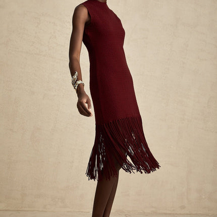 Octavia Red Midi Dress with Fringed Edge and Rear Zip Fastening