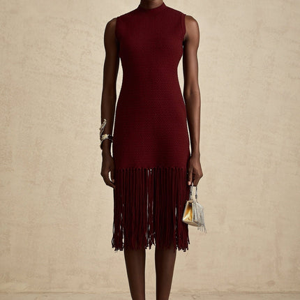 Octavia Red Midi Dress Crew Neck Fringed Edge Rear Zip Fastening Knitted Construction Stretch Design