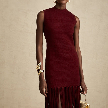 Octavia Red Knitted Midi Dress with Fringed Edge Detail and Rear Zip Fastening