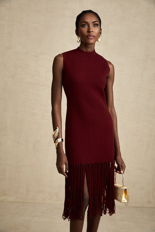 Octavia Red Knitted Midi Dress with Fringed Edge Detail and Rear Zip Fastening