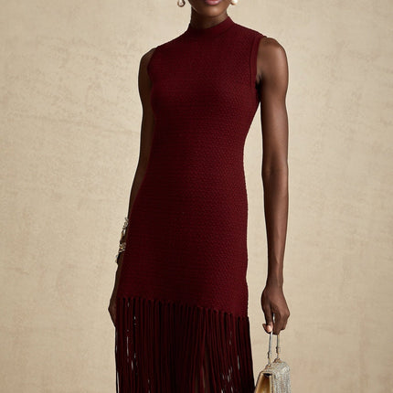 Octavia Red Knitted Midi Dress Fringed Edge Crew Neck Sleeveless Rear Zip Fastening