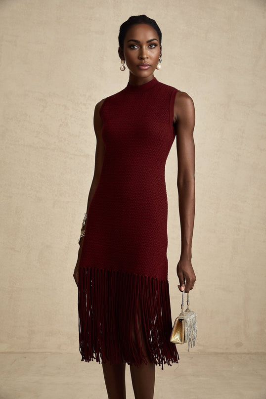 Octavia Red Knitted Midi Dress Fringed Edge Crew Neck Sleeveless Rear Zip Fastening