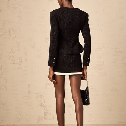 Octavia Black White Skirt Top Set Algae Terylene Lurex Elastane Panelled Metallic Threading Scoop Neckline Peplum Hem Lace Detailing Rear Zip Fastening Thigh Length Elegance Modernity Special Occasions Evening Events Refined Luxury