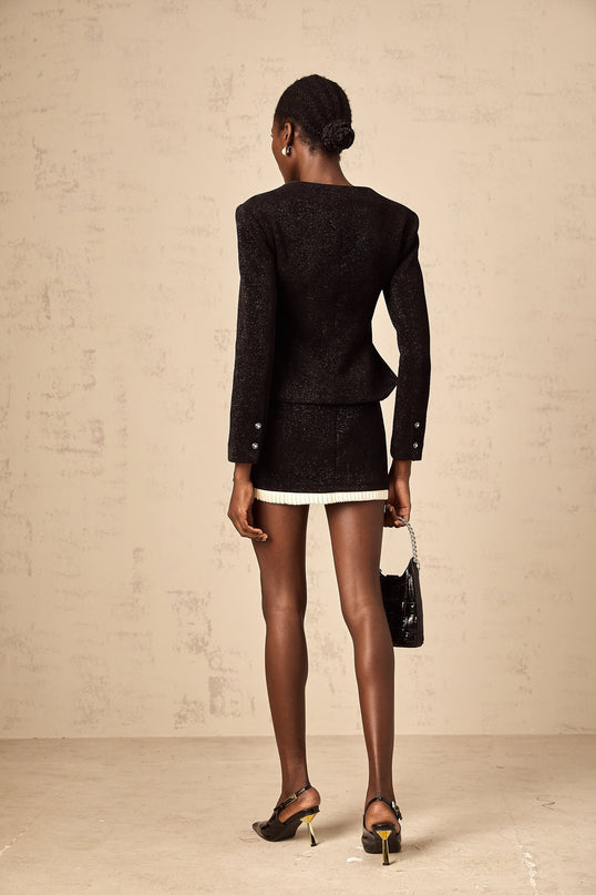 Octavia Black White Skirt Top Set Algae Terylene Lurex Elastane Panelled Metallic Threading Scoop Neckline Peplum Hem Lace Detailing Rear Zip Fastening Thigh Length Elegance Modernity Special Occasions Evening Events Refined Luxury