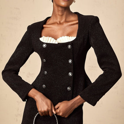 Octavia Black White Skirt Top Set Algae Terylene Lurex Elastane Panelled Metallic Threading Scoop Peplum Lace Zip Thigh Length Luxury