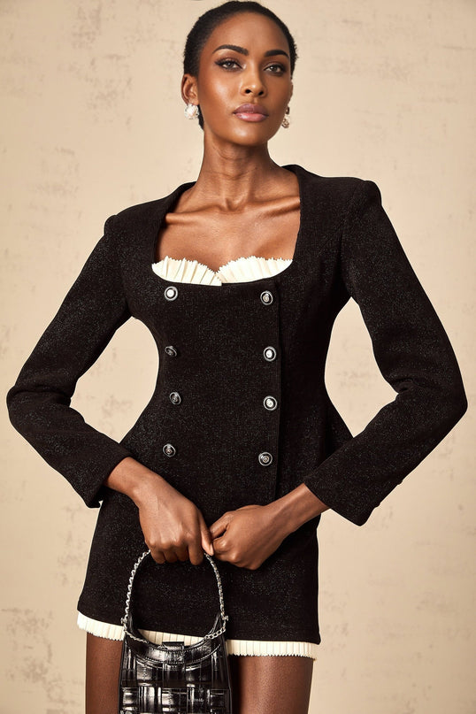 Octavia Black White Skirt Top Set Algae Terylene Lurex Elastane Panelled Metallic Threading Scoop Peplum Lace Zip Thigh Length Luxury