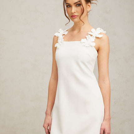 Octavia White Mini Dress Terylene Square Neck Sleeveless Faux-Flower Detailing Rear Zip Fastening Straight Hem Thigh-Length Cut