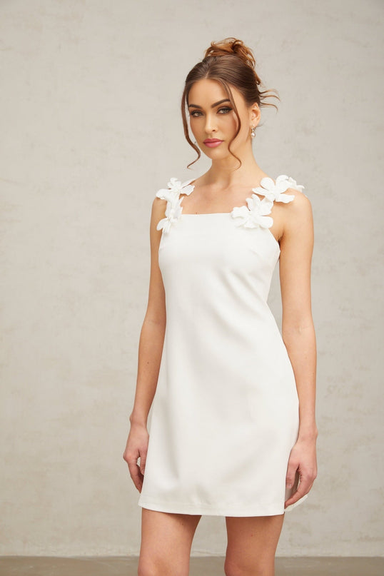 Octavia White Mini Dress Terylene Square Neck Sleeveless Faux-Flower Detailing Rear Zip Fastening Straight Hem Thigh-Length Cut