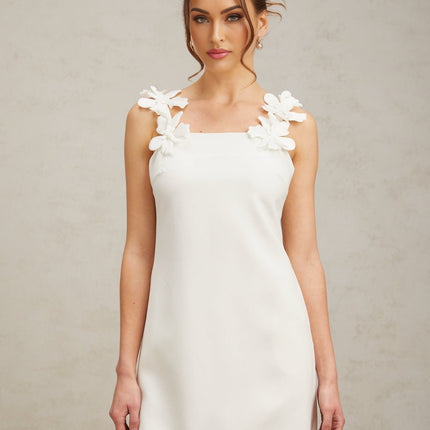 Octavia White Mini Dress Terylene Square Neck Sleeveless Faux-Flower Detailing Rear Zip Fastening Straight Hem Thigh-Length Cut