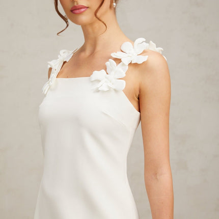 Octavia White Mini Dress Terylene Square Neck Sleeveless Faux-Flower Detailing Rear Zip Fastening Straight Hem Thigh-Length Cut