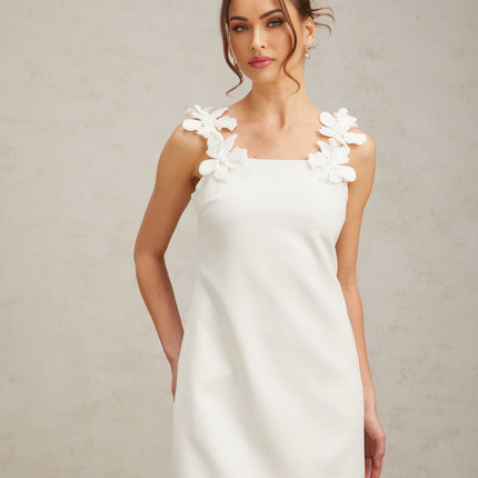 Octavia White Mini Dress Terylene Square Neck Sleeveless Faux-Flower Detailing Rear Zip Fastening Straight Hem Thigh-Length Cut