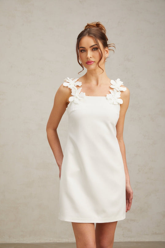 Octavia White Mini Dress Terylene Square Neck Sleeveless Faux-Flower Detailing Rear Zip Fastening Straight Hem Thigh-Length Cut