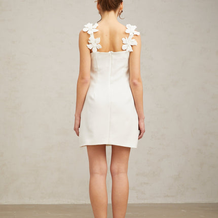 Octavia White Mini Dress Terylene Square Neck Sleeveless Faux-Flower Detailing Rear Zip Fastening Straight Hem Thigh-Length Cut