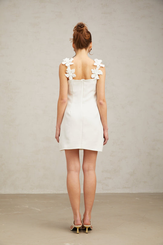 Octavia White Mini Dress Terylene Square Neck Sleeveless Faux-Flower Detailing Rear Zip Fastening Straight Hem Thigh-Length Cut