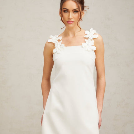 Octavia White Mini Dress Terylene Square Neck Sleeveless Faux-Flower Detailing Rear Zip Fastening Straight Hem Thigh-Length Cut