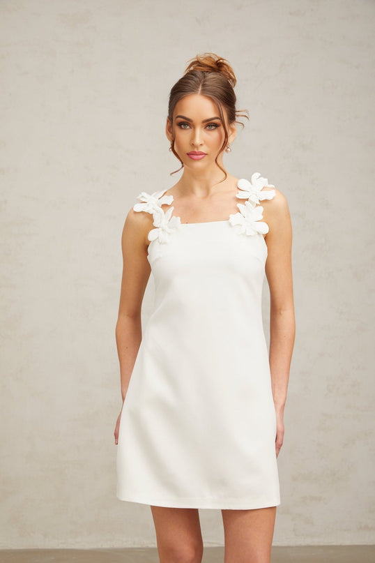 Octavia White Mini Dress Terylene Square Neck Sleeveless Faux-Flower Detailing Rear Zip Fastening Straight Hem Thigh-Length Cut