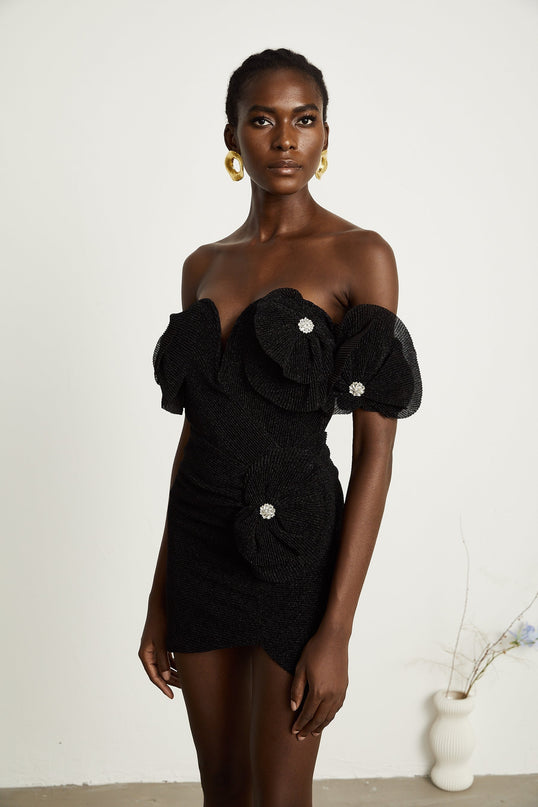 Odette black floralappliqué mini dress