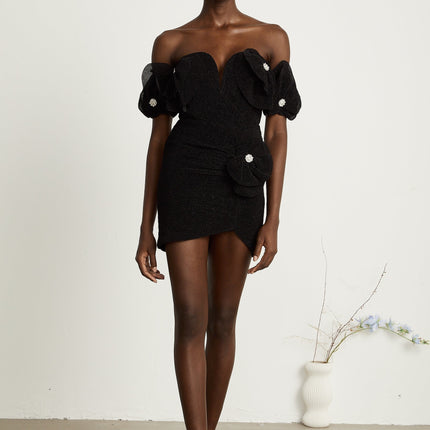 Odette black floralappliqué mini dress