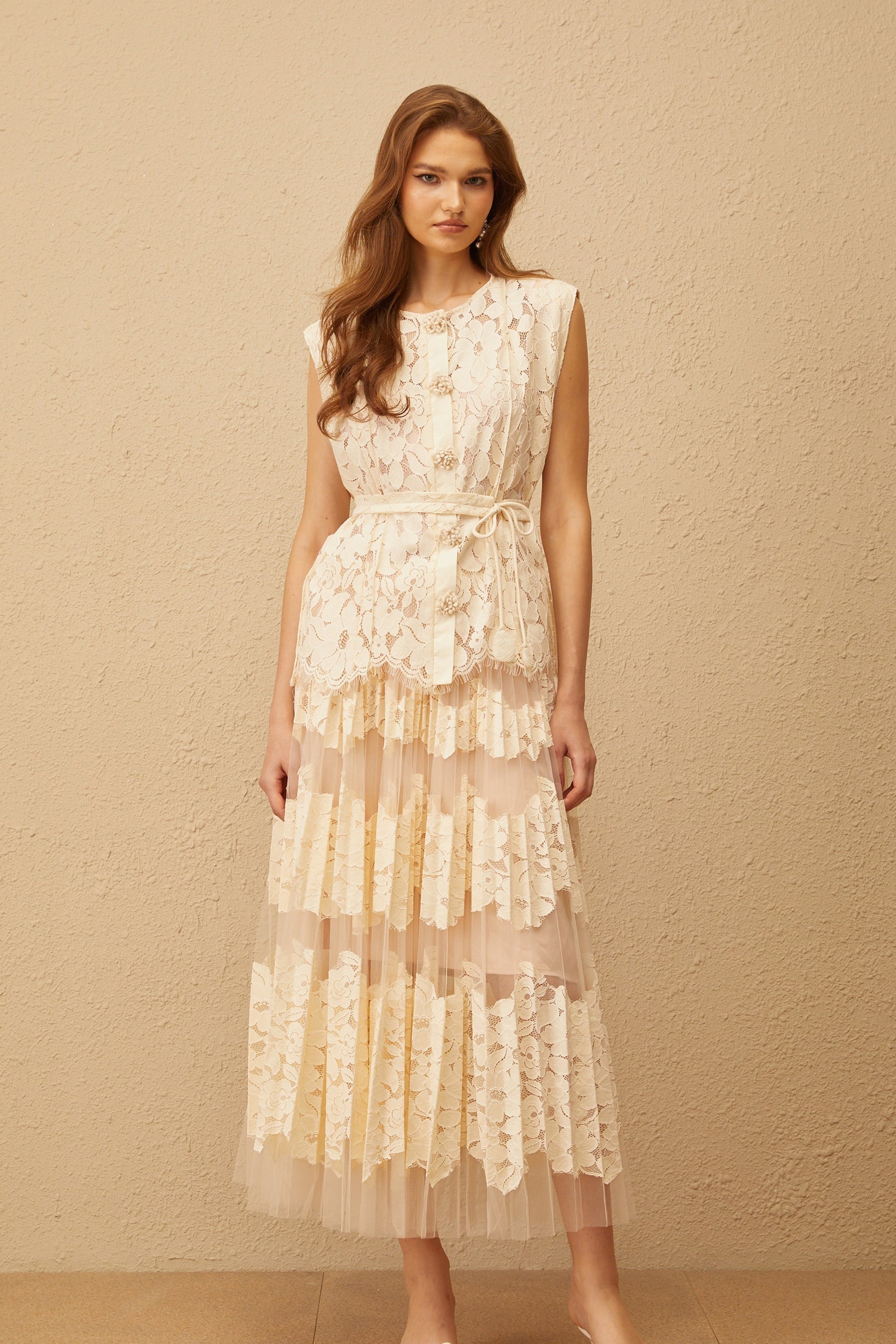 Odette Neutral Floral Lace Top  Skirt Set