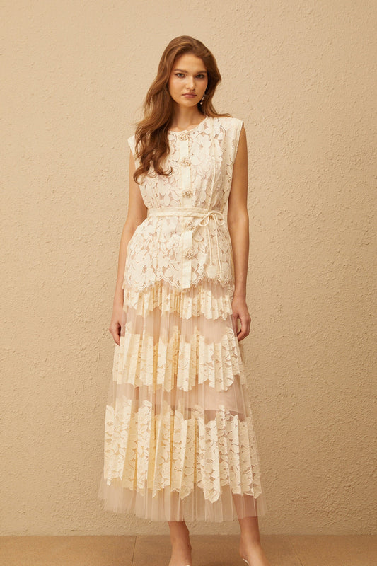 Odette Neutral Floral Lace Top  Skirt Set