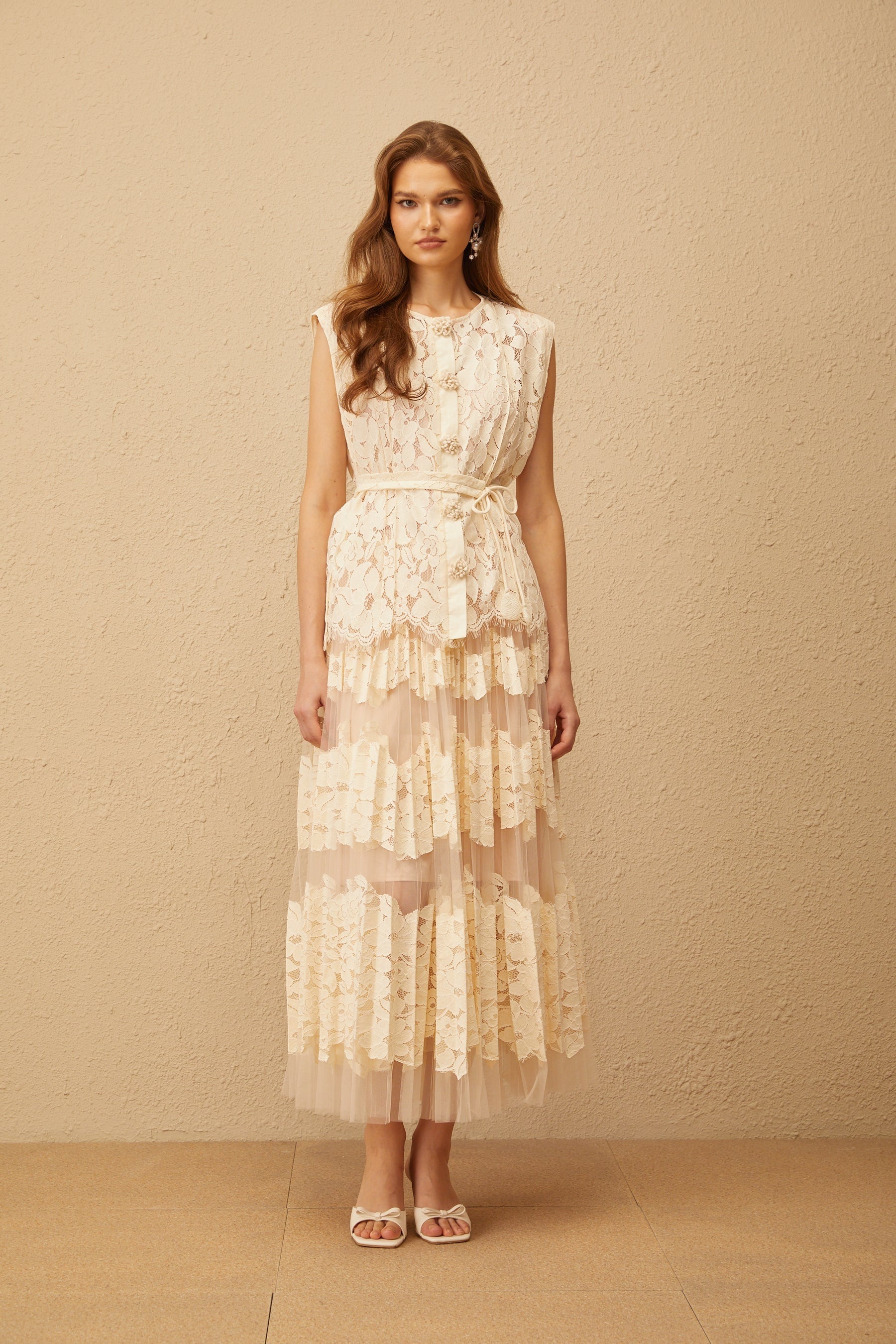 Odette Neutral Floral Lace Top  Skirt Set