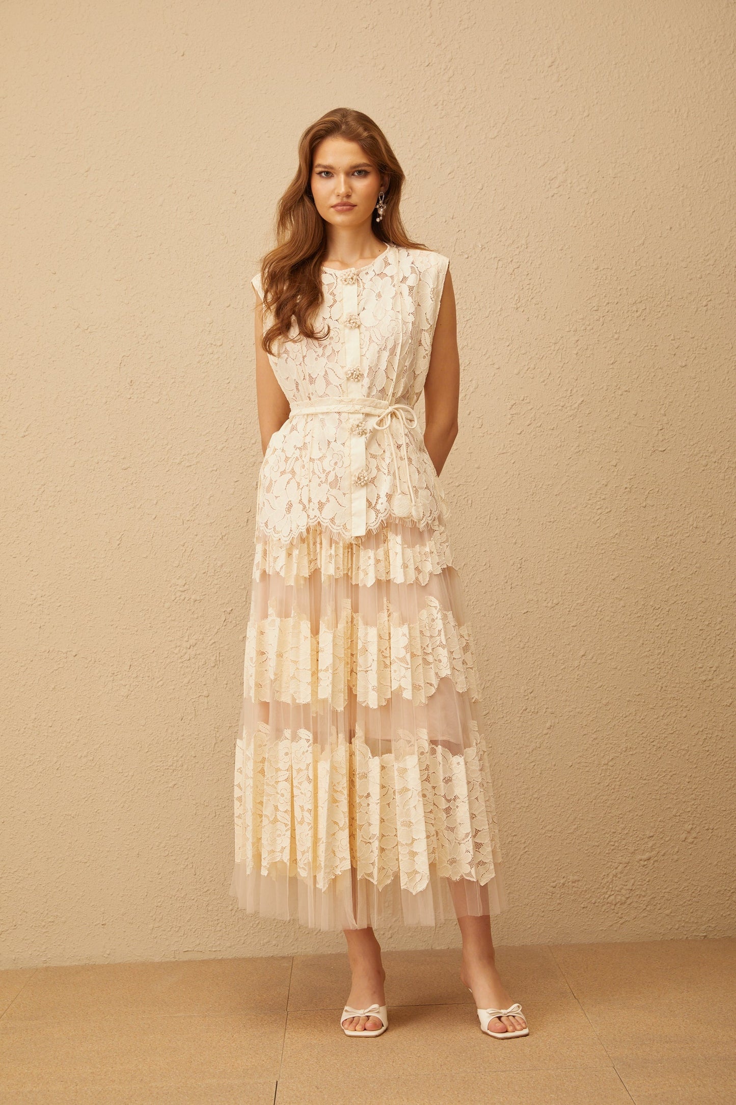Odette Neutral Floral Lace Top  Skirt Set