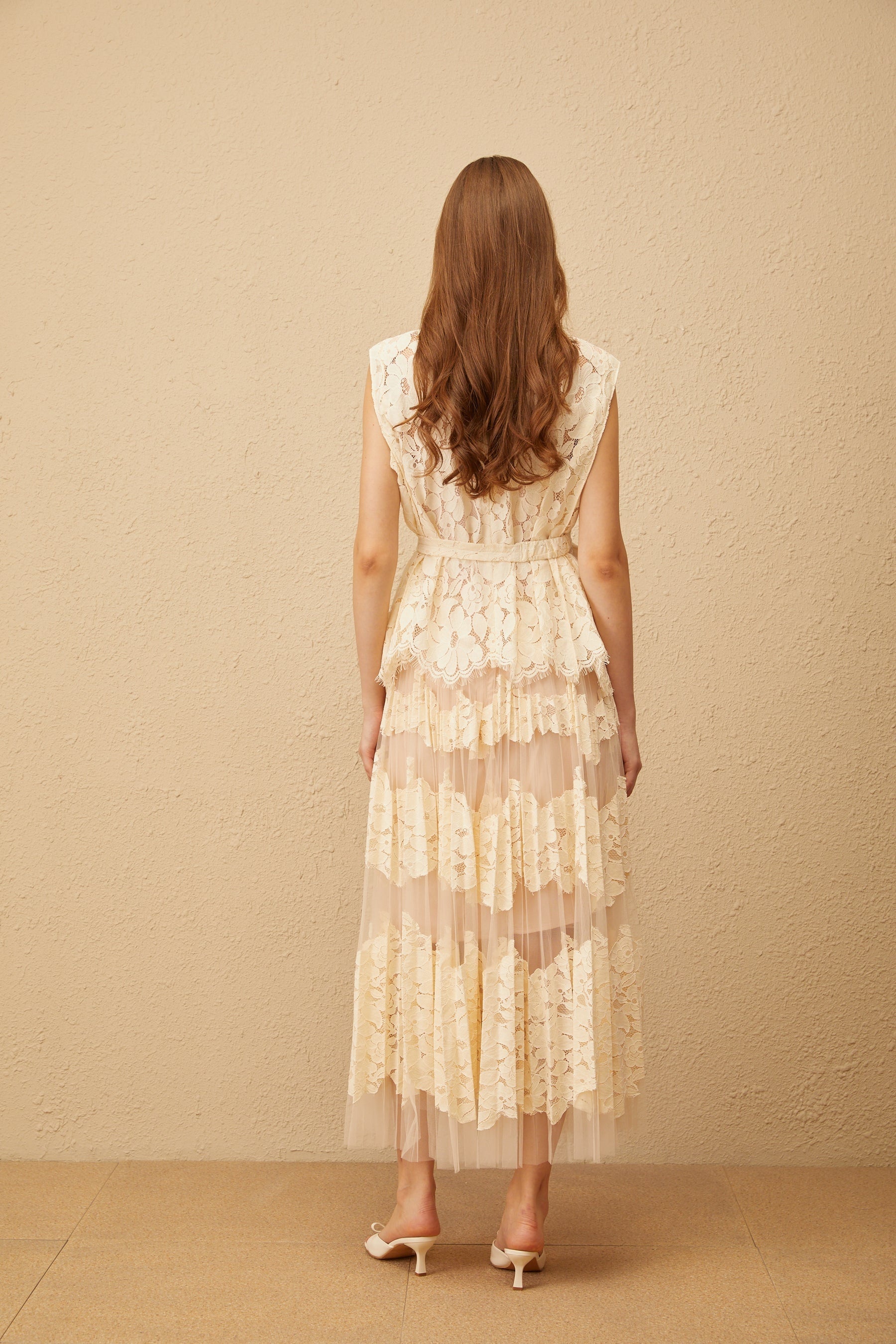 Odette Neutral Floral Lace Top  Skirt Set