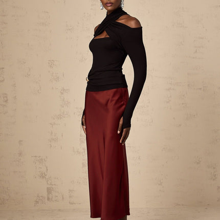 Ofelia Black Halterneck Jersey Top with Metal Buckle Detailing and Ruched Design