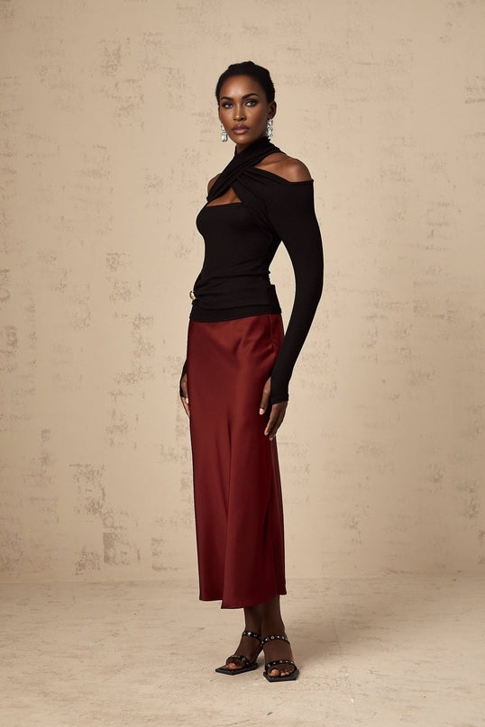 Ofelia Black Halterneck Jersey Top with Metal Buckle Detailing and Ruched Design