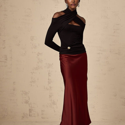 Ofelia Black Halterneck Top with Metal Buckle Detailing and Ruched Design