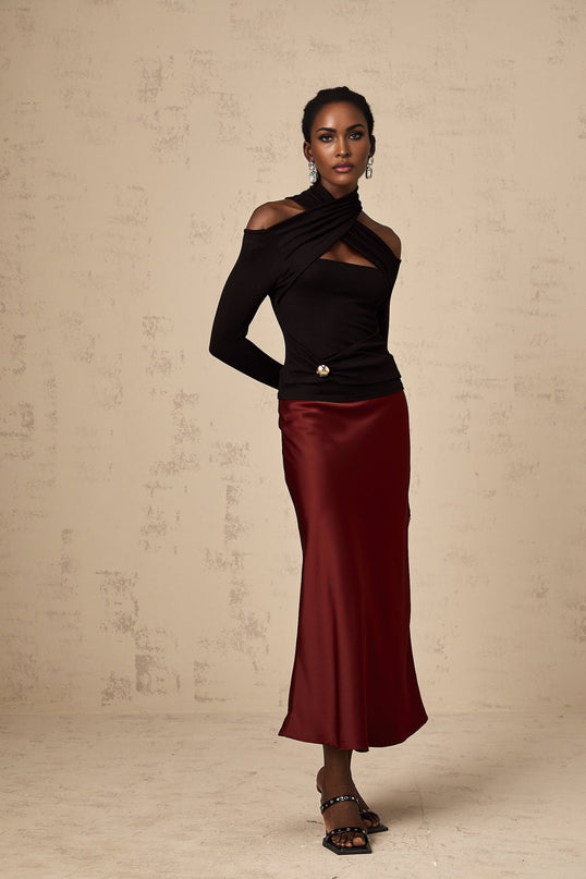 Ofelia Black Halterneck Top with Metal Buckle Detailing and Ruched Design