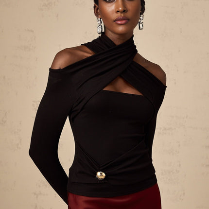 Ofelia Black Halterneck Top with Metal Buckle Detailing and Ruched Design