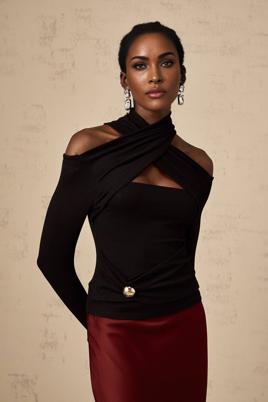 Ofelia Black Halterneck Top with Metal Buckle Detailing and Ruched Design