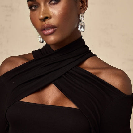 Ofelia Black Halterneck Top with Metal Buckle Detailing and Ruched Design
