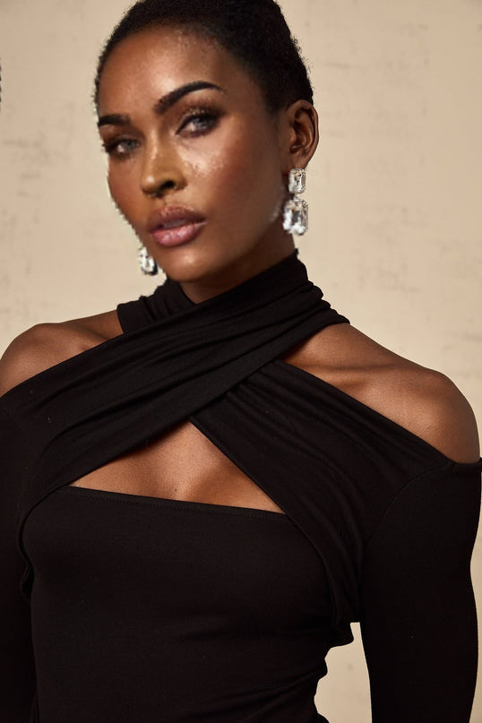 Ofelia Black Halterneck Top with Metal Buckle Detailing and Ruched Design