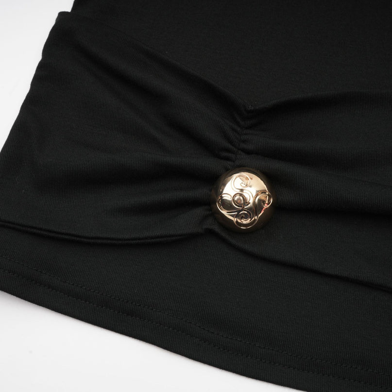 Ofelia Black Jersey Halterneck Top with Metal Buckle Detailing and Ruched Design