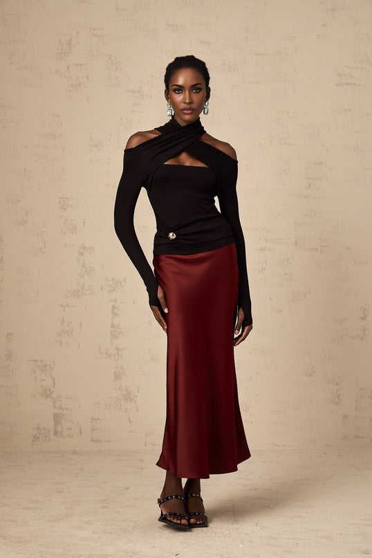 Ofelia Black Jersey Halterneck Top with Metal Buckle Detailing and Ruched Design