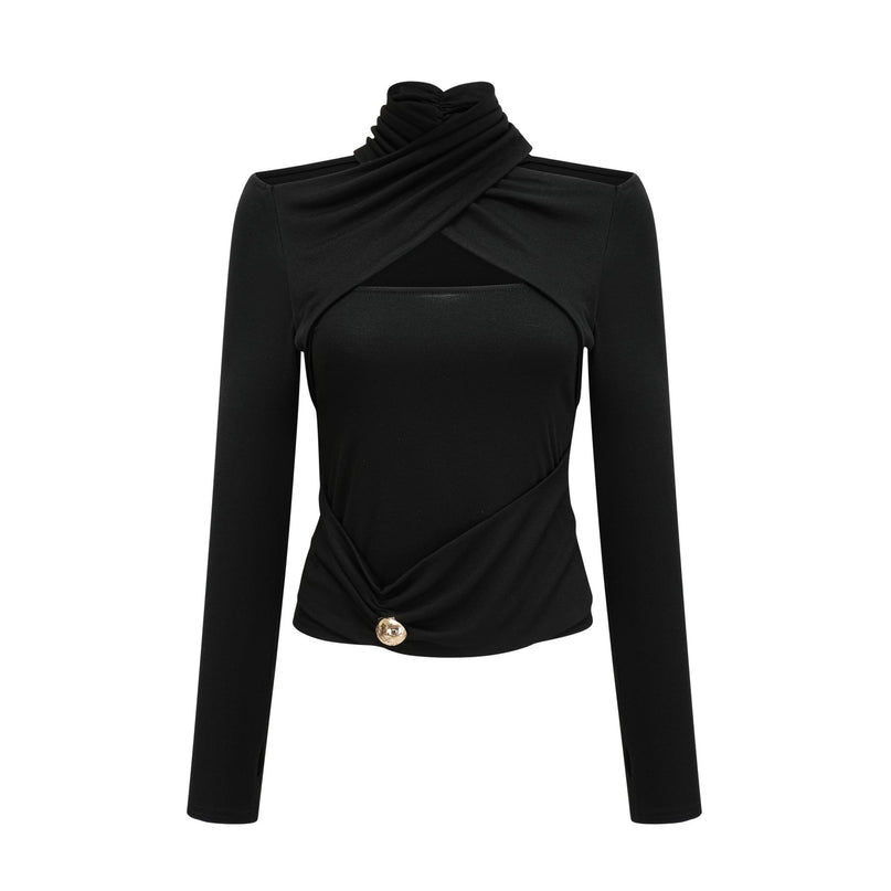 Ofelia Black Jersey Halterneck Top with Metal Buckle Detailing and Ruched Design