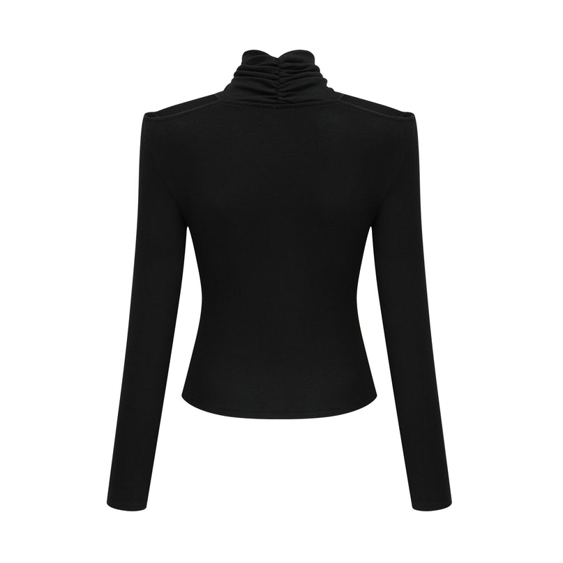 Ofelia Black Jersey Halterneck Top with Metal Buckle Detailing and Ruched Design