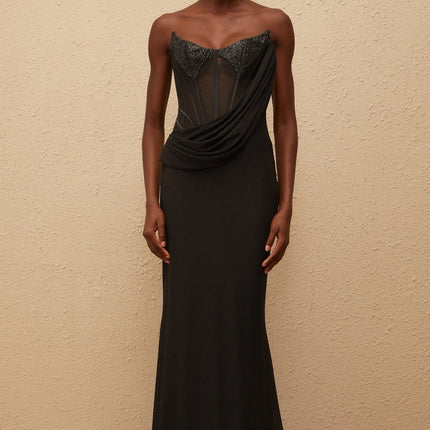 Ofelia Black Maxi Dress with Boned Corset Bodice and Sequin Embellishments