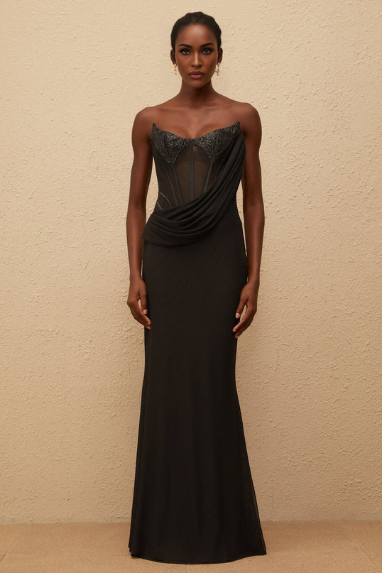 Ofelia Black Maxi Dress with Boned Corset Bodice and Sequin Embellishments